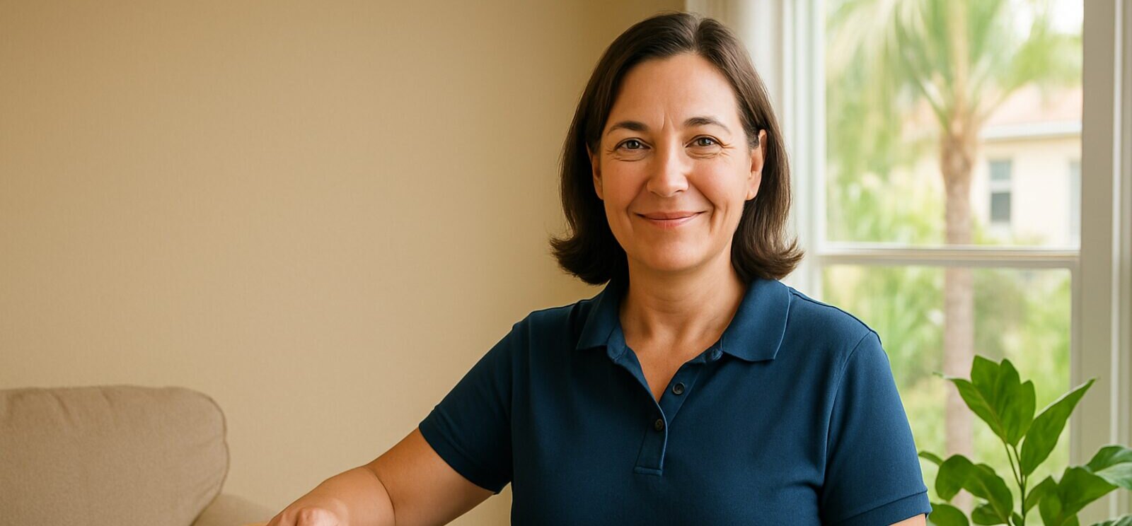 A caring senior move manager helping an older adult in a bright Sarasota home