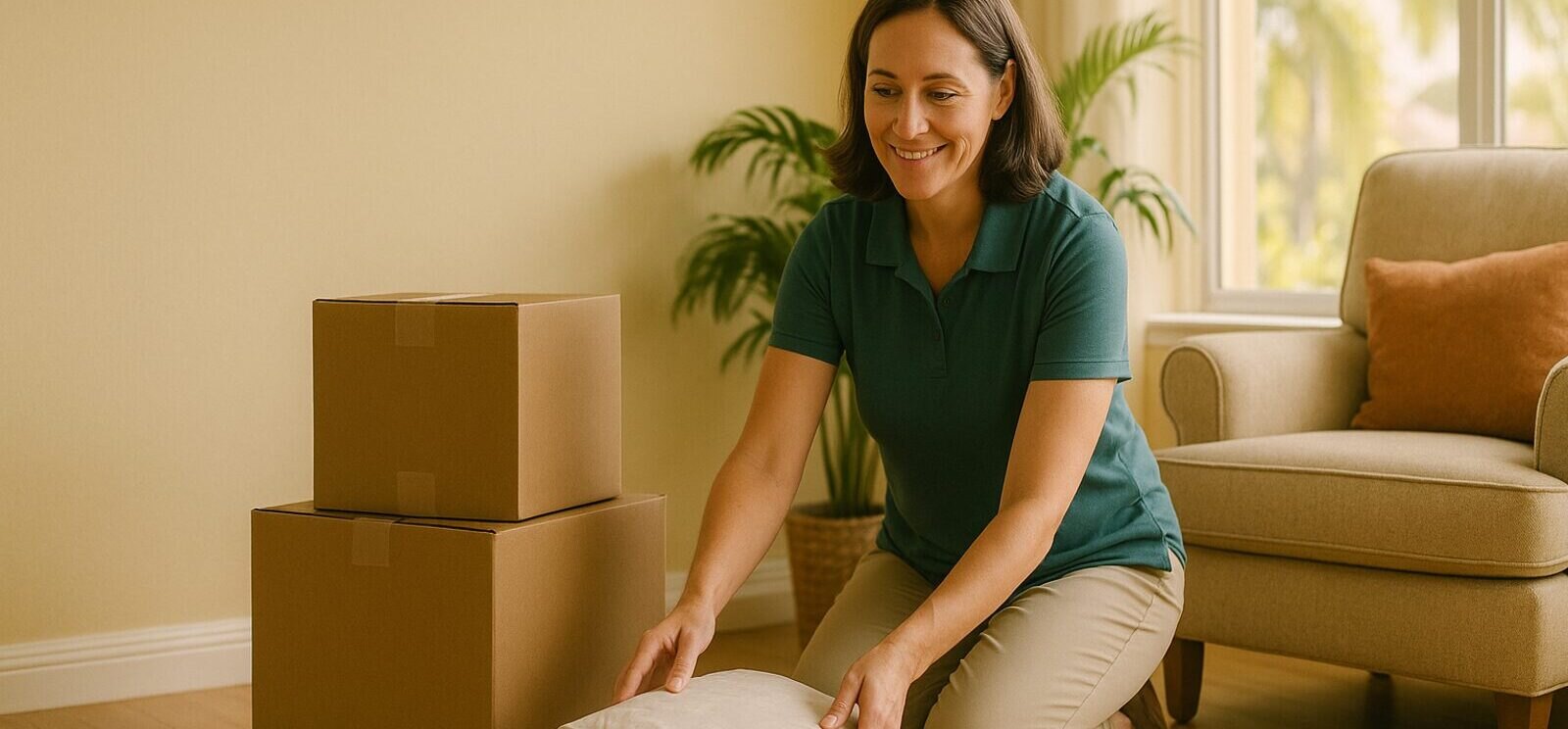 A senior and their adult child sharing a calm moment in a bright, freshly settled Sarasota home