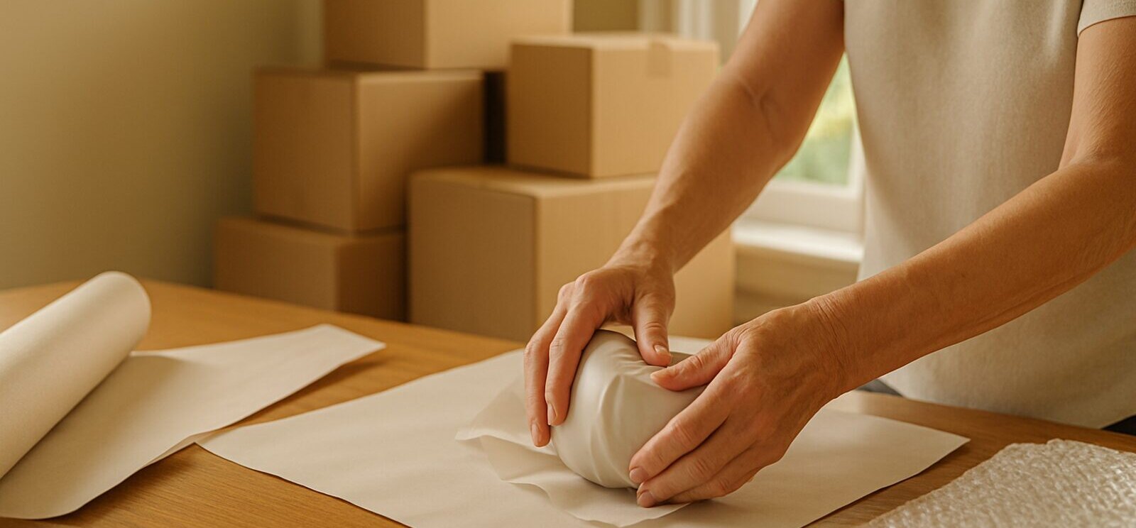 A senior move handled with care - labeled boxes, a floor plan, and keepsakes wrapped by hand